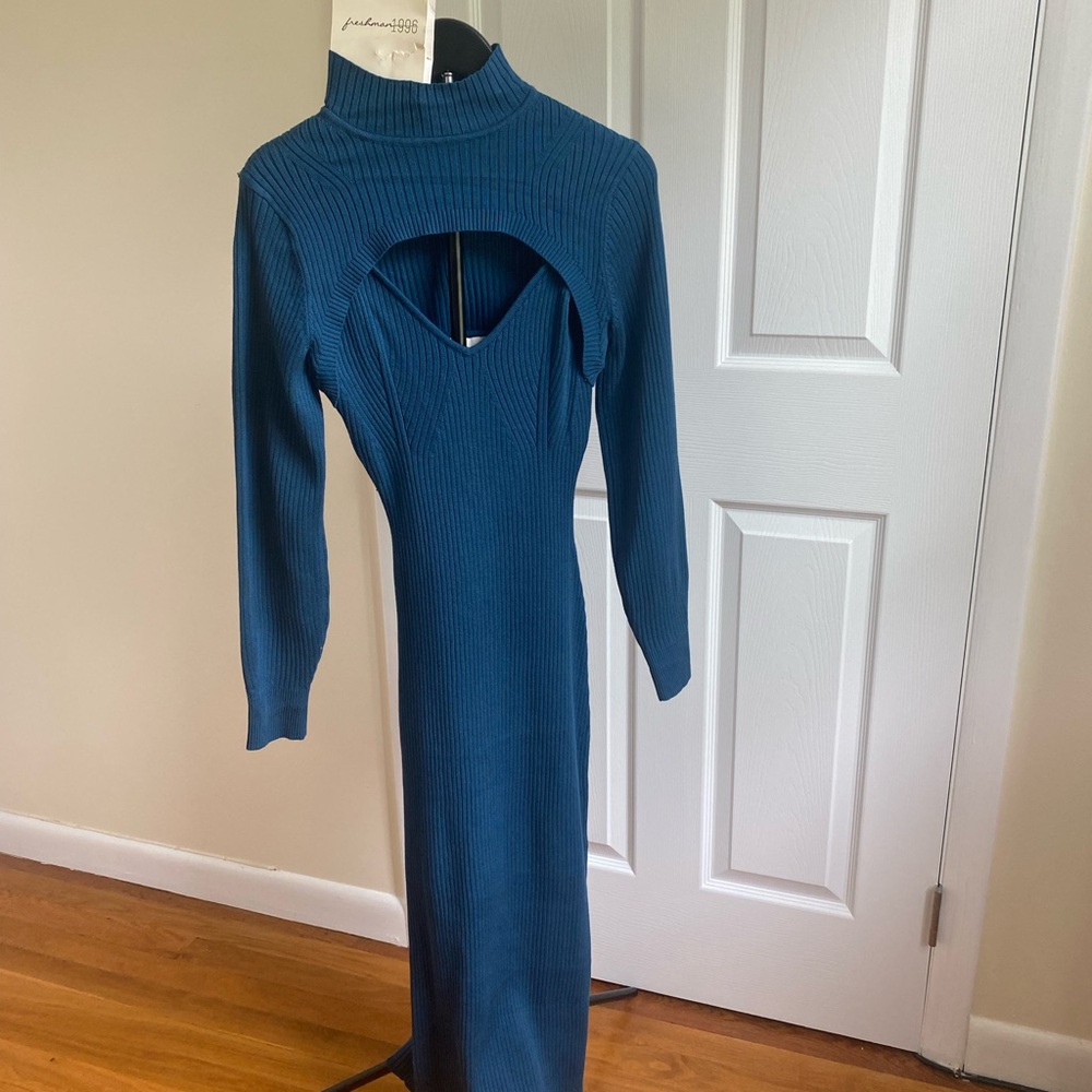 NWT 2 Piece Teal Thin Strap Ribbed Maxi Dress w/Mock Turtleneck Cropped  Sweater